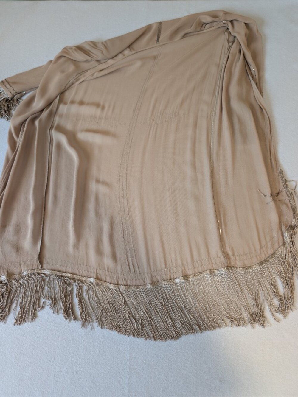Chan Luu Beaded Maxi Dress Cardigan Set Tan Chiffon Fringe Racerback Slit L - Picture 10 of 16